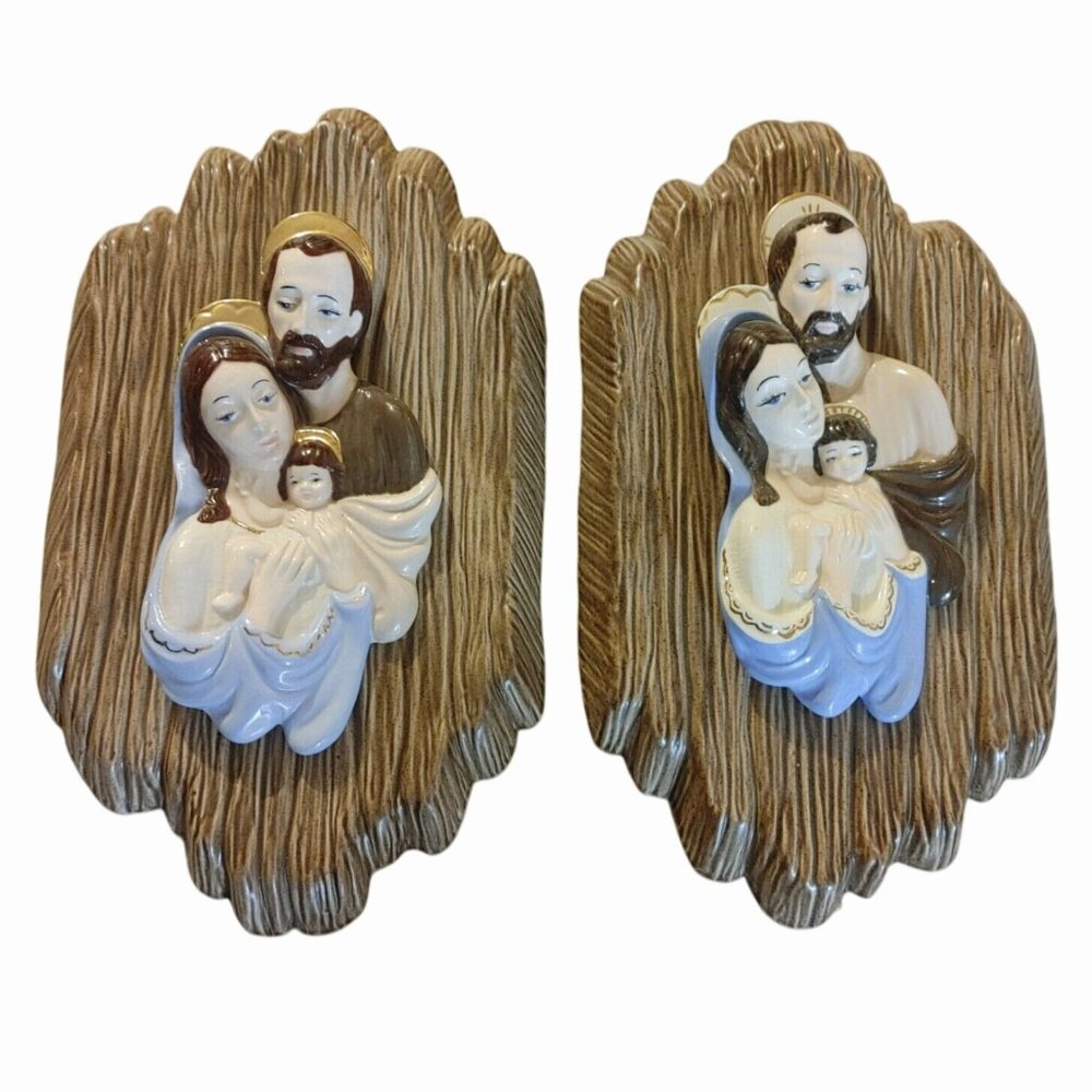 Wall Plaques Vintage 1979 The Holy Family In Ceramic Brown Blue Tones Religious
